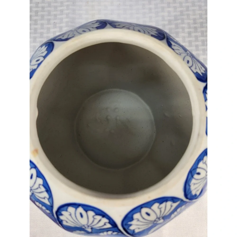Vintage Chinese Porcelain Blue White Fishbowl Planter Vase Abstract Floral Leaf